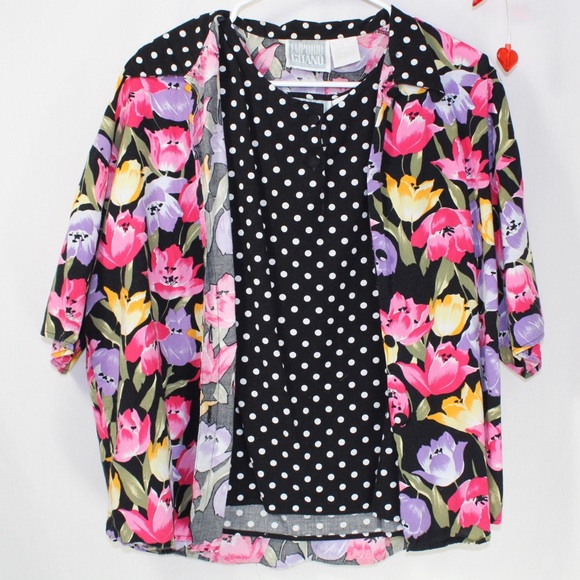 vintage floral mix print 3-piece shirt tank shorts set womens large - Picture 2 of 7